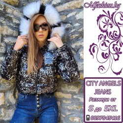 Дамско късо пухено яке с качулка, City Angels Jeans, Черно бял лак, 6848